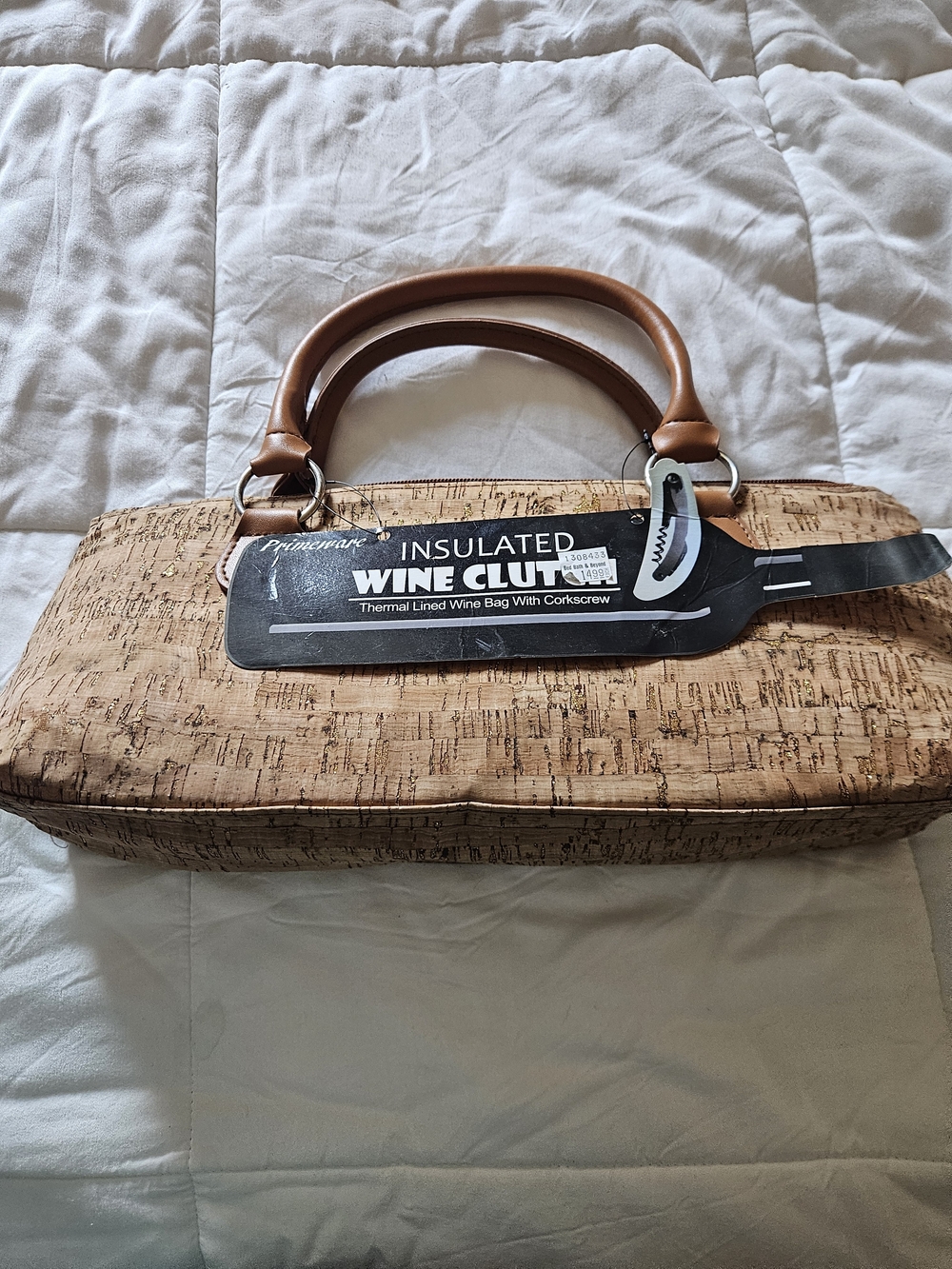 Insulated Wine Clutch - Cork Brown with Tan Handles